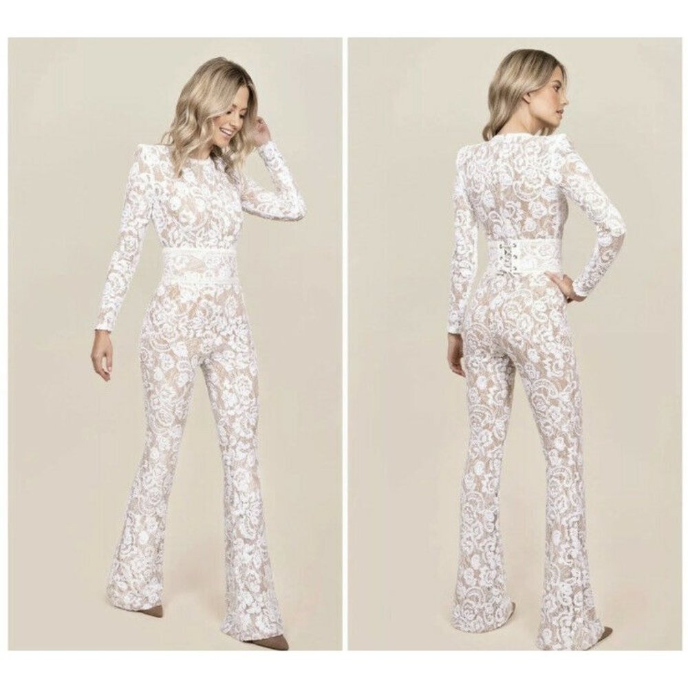 Nadine Merabi Eliza sequin white bella jumpsuit flare